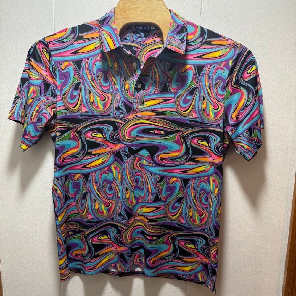 Hreski Mens Golf Polo Shirt Large Multi Color Psychedelic Swirl Performance Top
